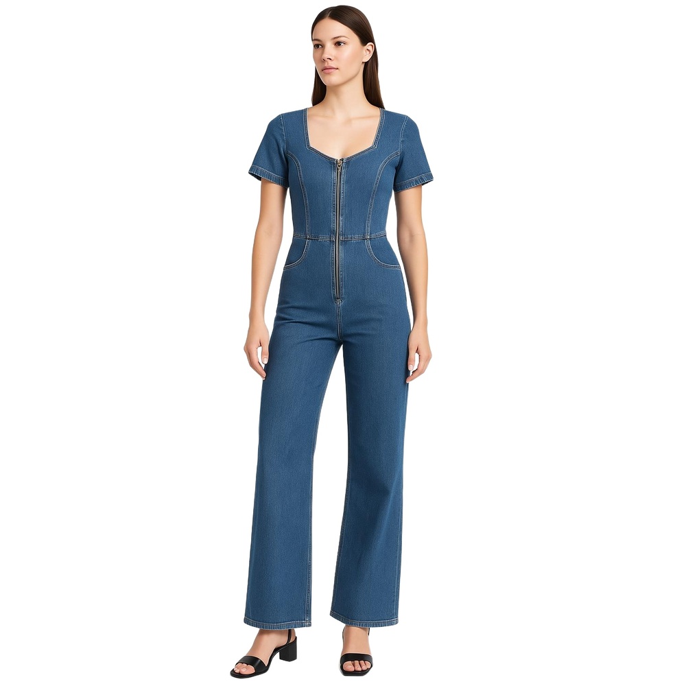 Rouje Demin Jumsuit Blue Jean Short Sleeve Front Zipper Wide Leg Sweetheart Neck